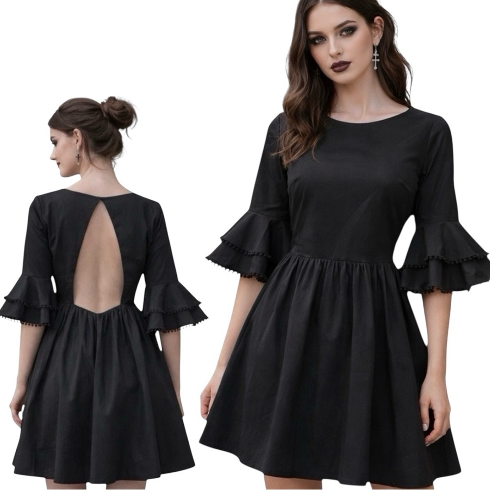 By Egreis Black Victorian Goth Fit & Flare Dress M Open Back LBD Vampirecore